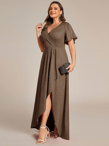 pretty MELODÉ|Plus Size Glitter Ruffled High-Low Front Slit Evening Dress