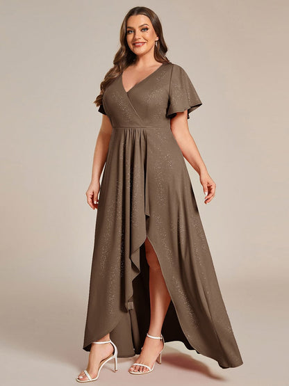 pretty MELODÉ|Plus Size Glitter Ruffled High-Low Front Slit Evening Dress