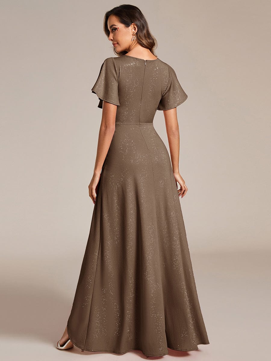 ever MELODÉ|Glitter High-Low Front Side Slit Ruffled V-Neck Evening Dress