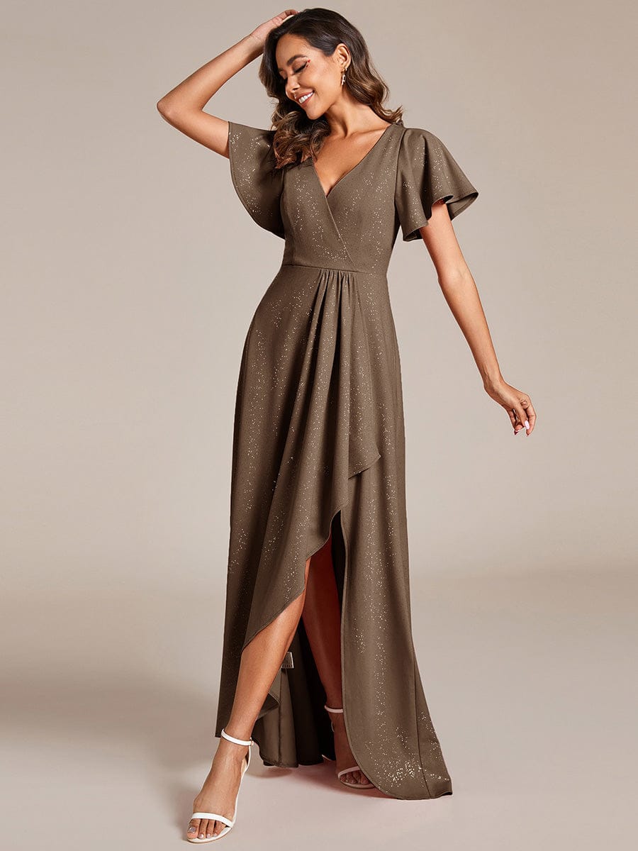 ever MELODÉ|Glitter High-Low Front Side Slit Ruffled V-Neck Evening Dress