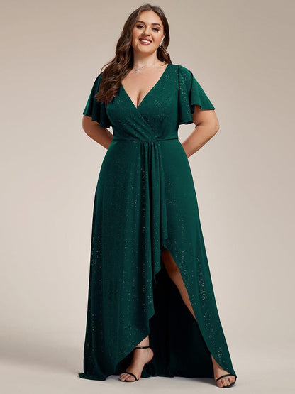 pretty MELODÉ|Plus Size Glitter Ruffled High-Low Front Slit Evening Dress