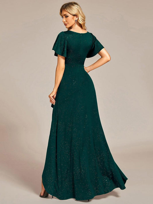 ever MELODÉ|Glitter High-Low Front Side Slit Ruffled V-Neck Evening Dress