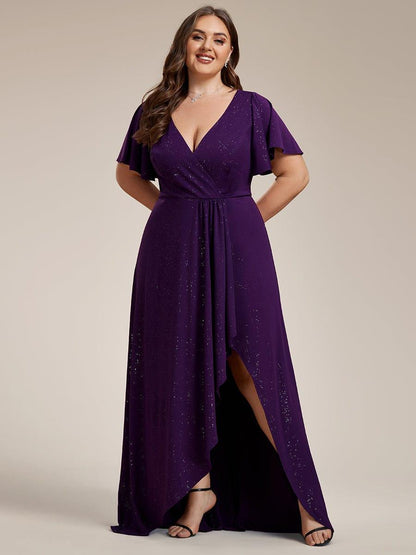 pretty MELODÉ|Plus Size Glitter Ruffled High-Low Front Slit Evening Dress