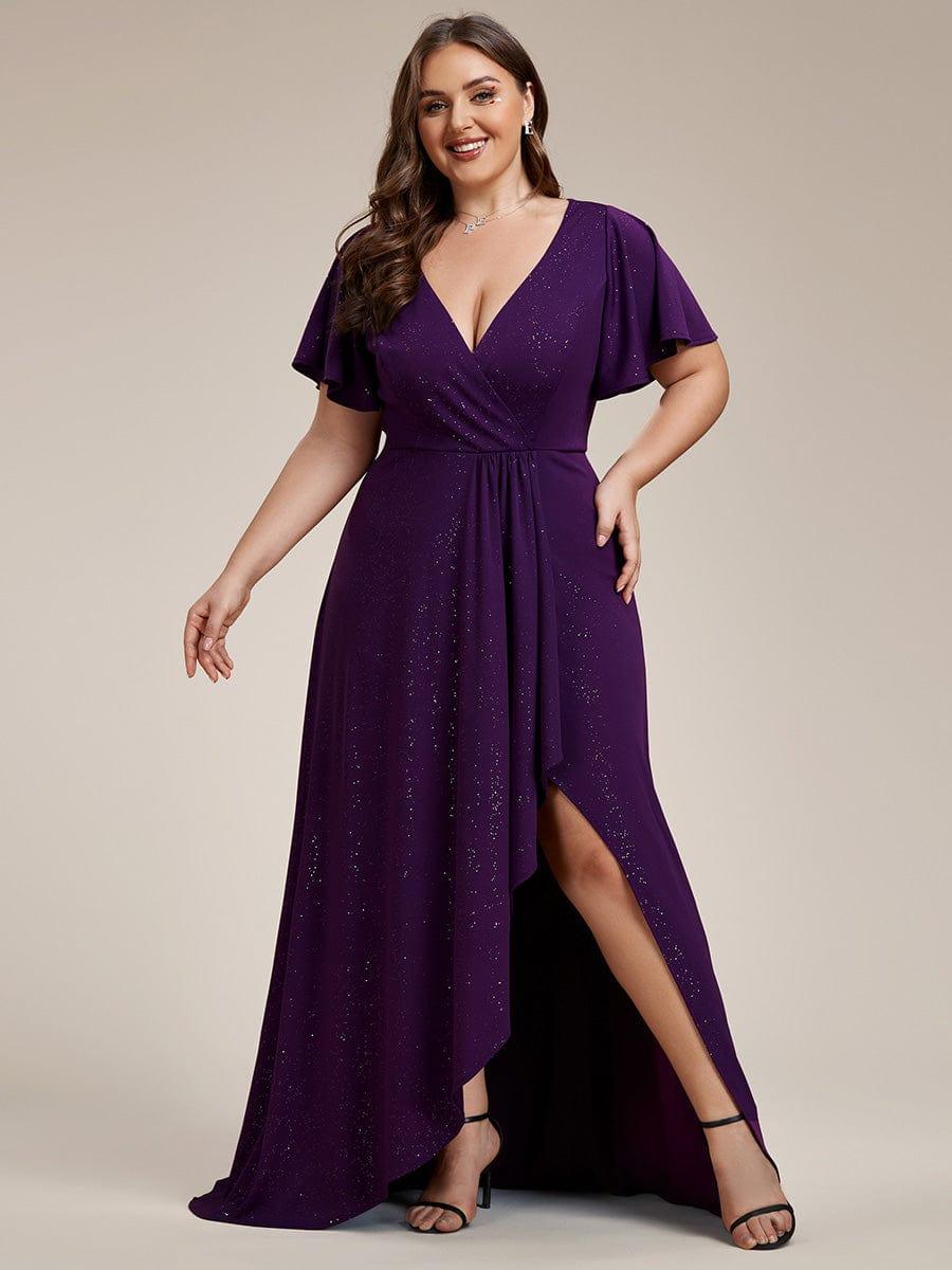 pretty MELODÉ|Plus Size Glitter Ruffled High-Low Front Slit Evening Dress