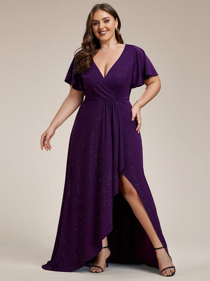 pretty MELODÉ|Plus Size Glitter Ruffled High-Low Front Slit Evening Dress