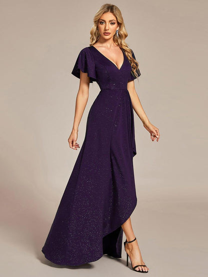 ever MELODÉ|Glitter High-Low Front Side Slit Ruffled V-Neck Evening Dress