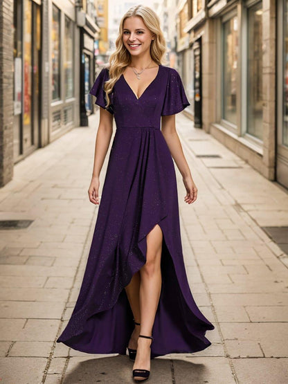 ever MELODÉ|Glitter High-Low Front Side Slit Ruffled V-Neck Evening Dress
