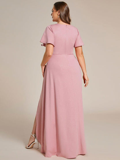 pretty MELODÉ|Plus Size Glitter Ruffled High-Low Front Slit Evening Dress