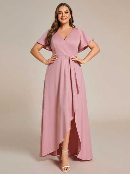 pretty MELODÉ|Plus Size Glitter Ruffled High-Low Front Slit Evening Dress