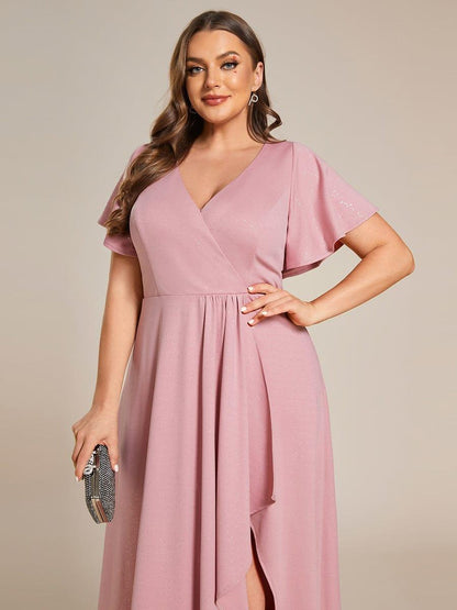 pretty MELODÉ|Plus Size Glitter Ruffled High-Low Front Slit Evening Dress