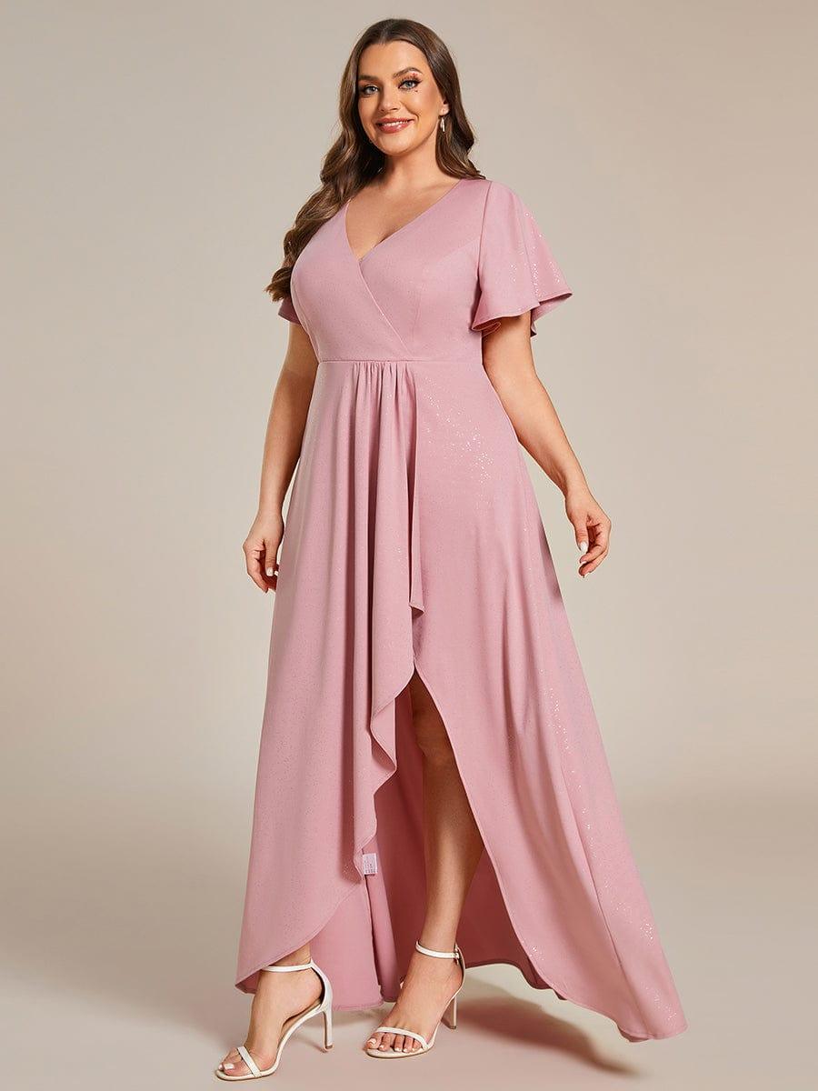 pretty MELODÉ|Plus Size Glitter Ruffled High-Low Front Slit Evening Dress
