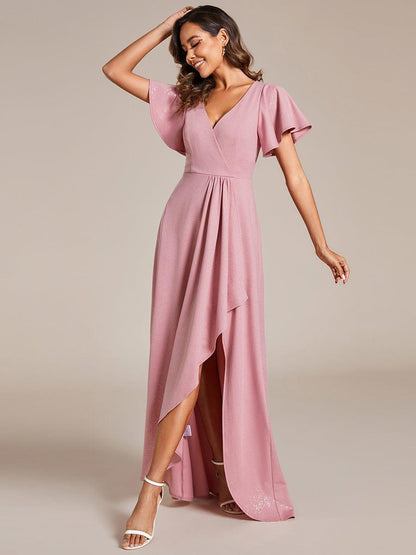 ever MELODÉ|Glitter High-Low Front Side Slit Ruffled V-Neck Evening Dress