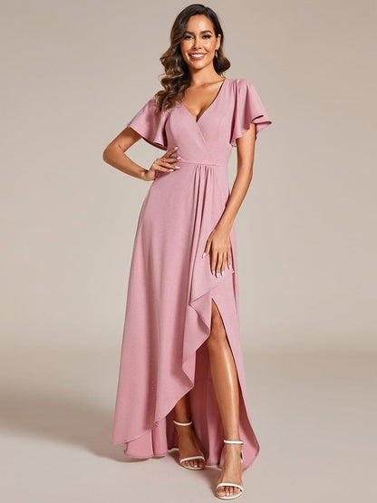 ever MELODÉ|Glitter High-Low Front Side Slit Ruffled V-Neck Evening Dress