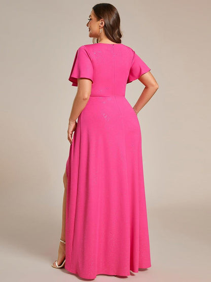 ever MELODÉ|Glitter High-Low Front Side Slit Ruffled V-Neck Evening Dress