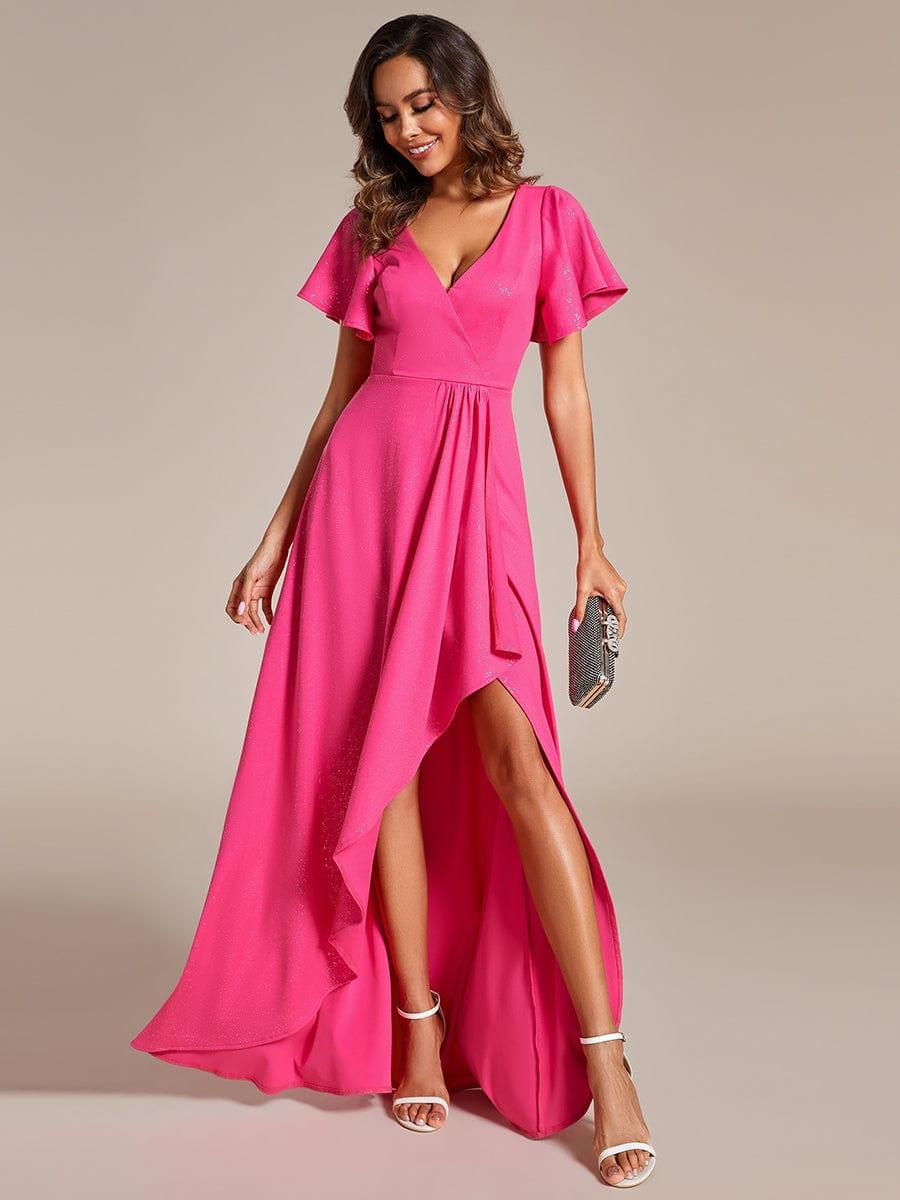 ever MELODÉ|Glitter High-Low Front Side Slit Ruffled V-Neck Evening Dress