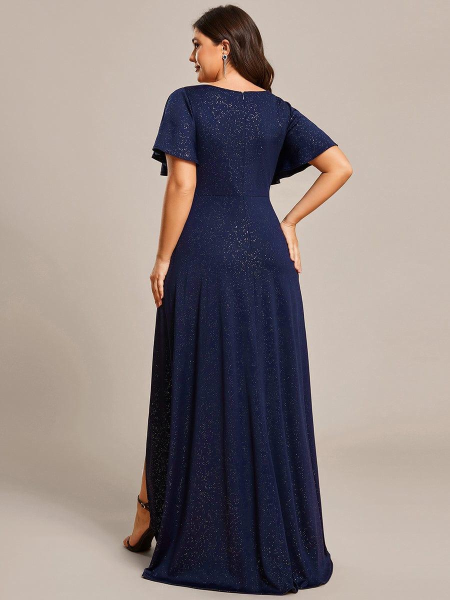pretty MELODÉ|Plus Size Glitter Ruffled High-Low Front Slit Evening Dress