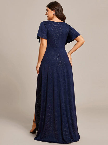 ever MELODÉ|Glitter High-Low Front Side Slit Ruffled V-Neck Evening Dress
