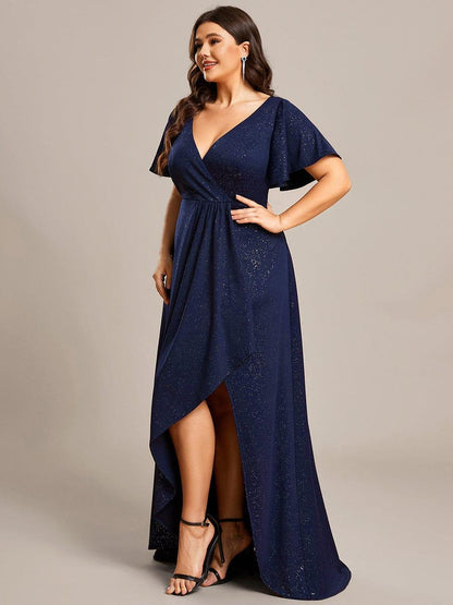 pretty MELODÉ|Plus Size Glitter Ruffled High-Low Front Slit Evening Dress