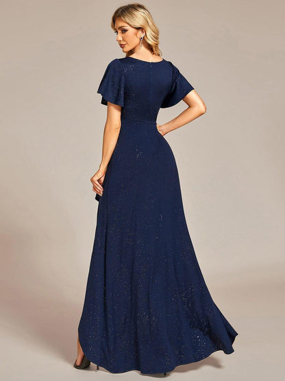 ever MELODÉ|Glitter High-Low Front Side Slit Ruffled V-Neck Evening Dress