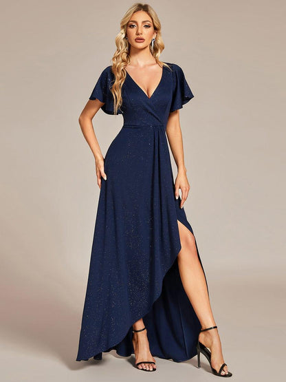 ever MELODÉ|Glitter High-Low Front Side Slit Ruffled V-Neck Evening Dress
