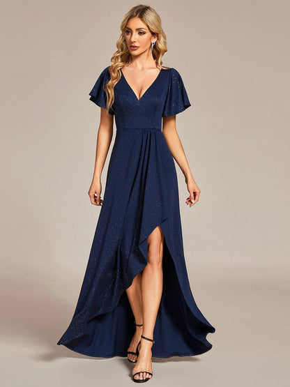 ever MELODÉ|Glitter High-Low Front Side Slit Ruffled V-Neck Evening Dress