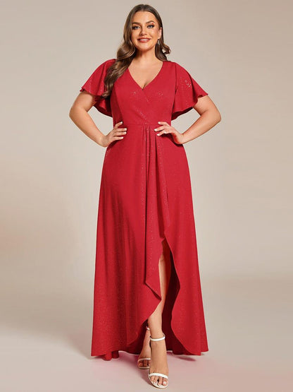 pretty MELODÉ|Plus Size Glitter Ruffled High-Low Front Slit Evening Dress