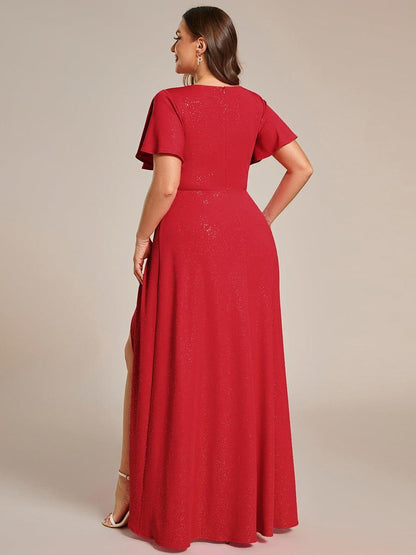 ever MELODÉ|Glitter High-Low Front Side Slit Ruffled V-Neck Evening Dress