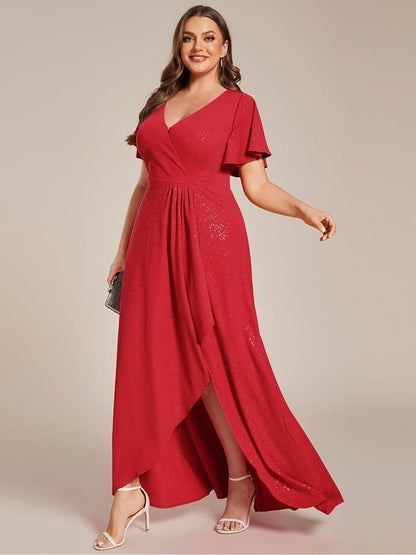 pretty MELODÉ|Plus Size Glitter Ruffled High-Low Front Slit Evening Dress