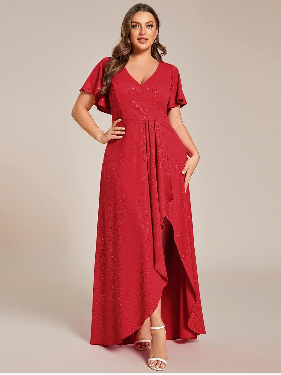ever MELODÉ|Glitter High-Low Front Side Slit Ruffled V-Neck Evening Dress
