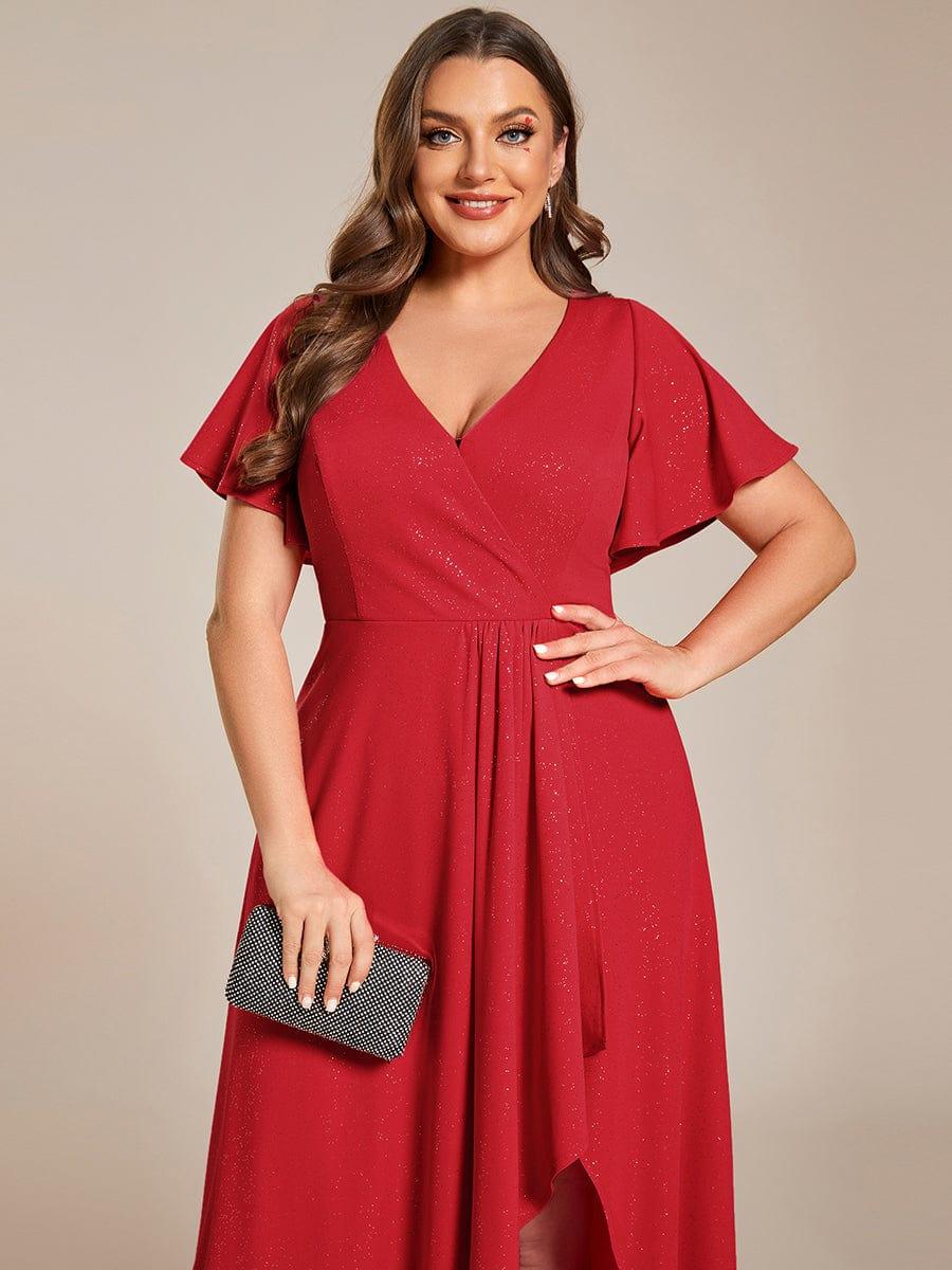 pretty MELODÉ|Plus Size Glitter Ruffled High-Low Front Slit Evening Dress