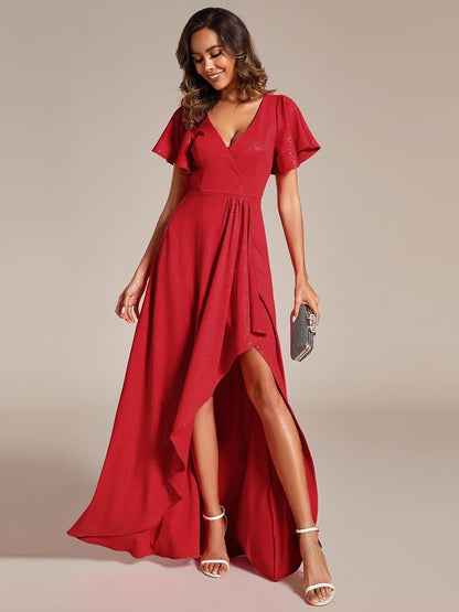 ever MELODÉ|Glitter High-Low Front Side Slit Ruffled V-Neck Evening Dress