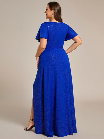 pretty MELODÉ|Plus Size Glitter Ruffled High-Low Front Slit Evening Dress