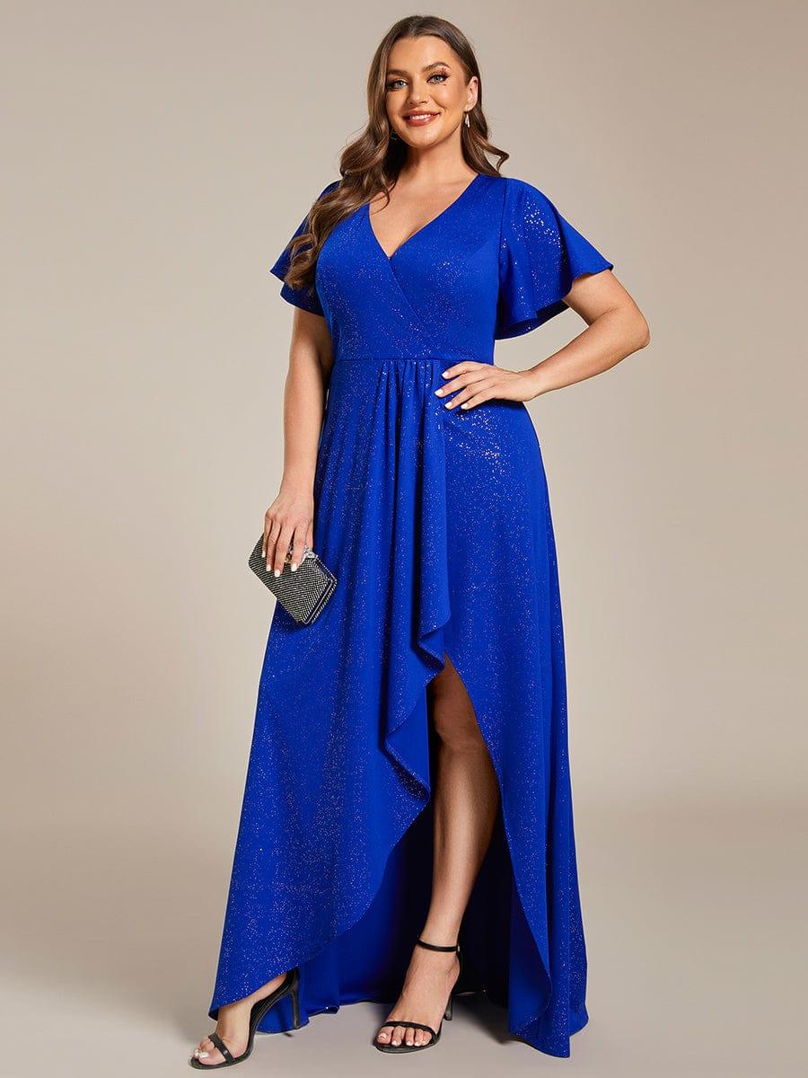 pretty MELODÉ|Plus Size Glitter Ruffled High-Low Front Slit Evening Dress