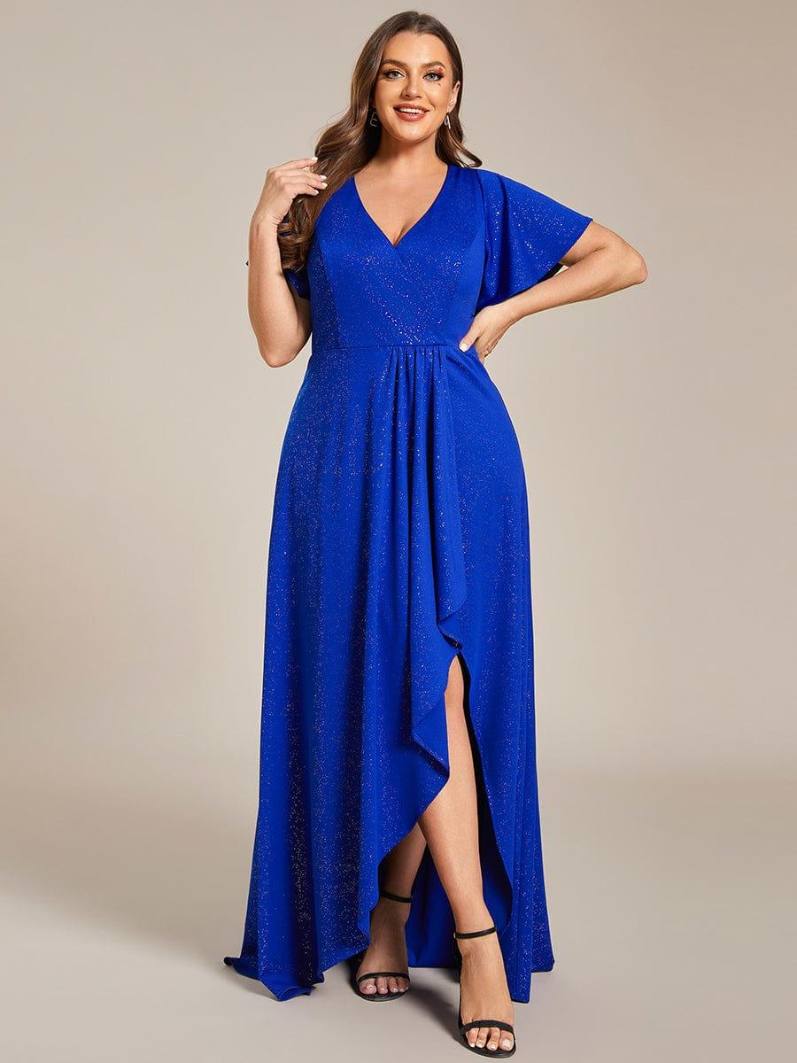 pretty MELODÉ|Plus Size Glitter Ruffled High-Low Front Slit Evening Dress