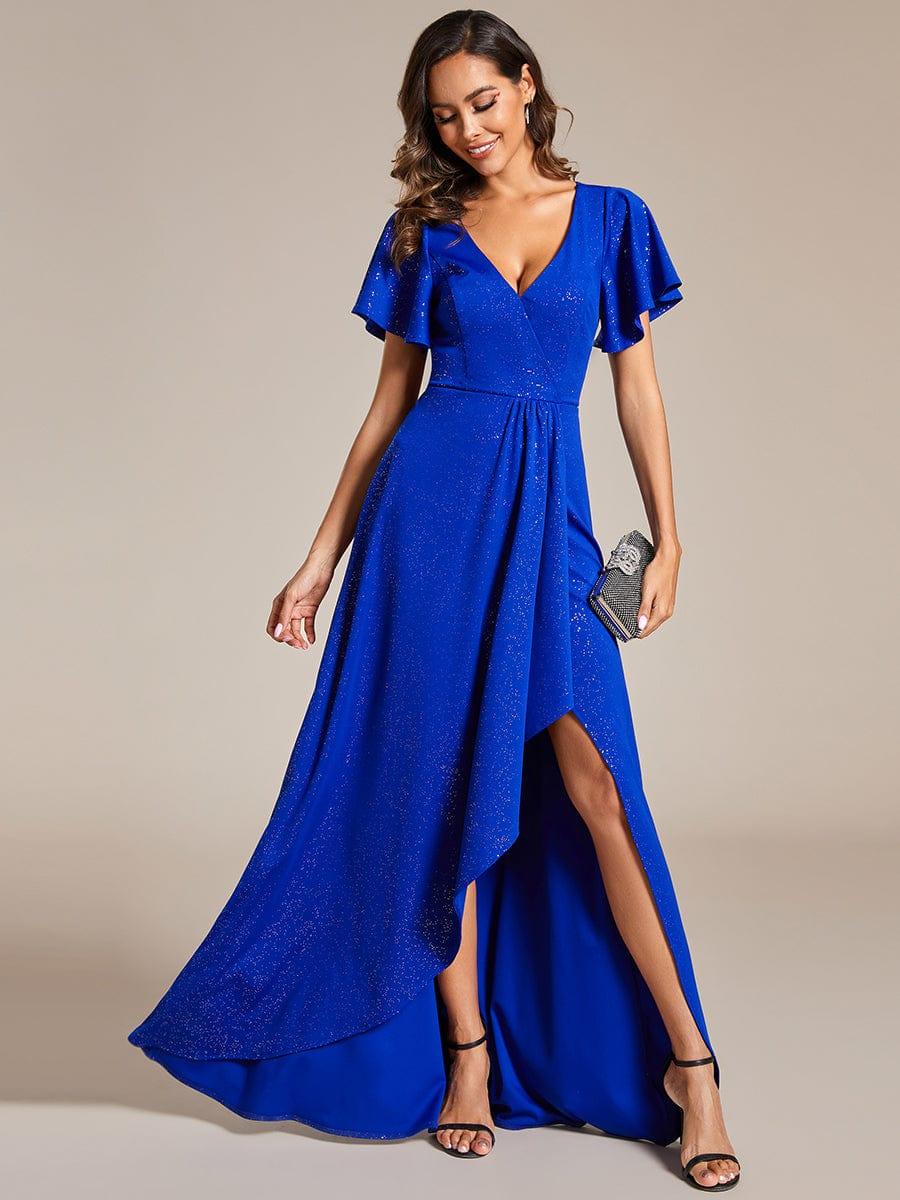 ever MELODÉ|Glitter High-Low Front Side Slit Ruffled V-Neck Evening Dress