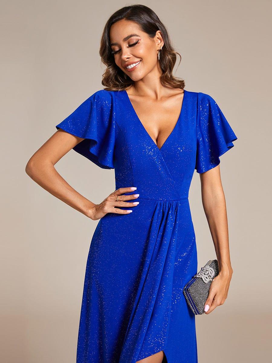 ever MELODÉ|Glitter High-Low Front Side Slit Ruffled V-Neck Evening Dress