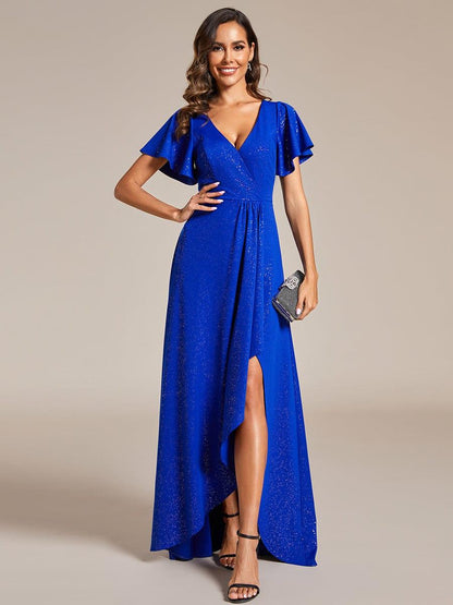 ever MELODÉ|Glitter High-Low Front Side Slit Ruffled V-Neck Evening Dress