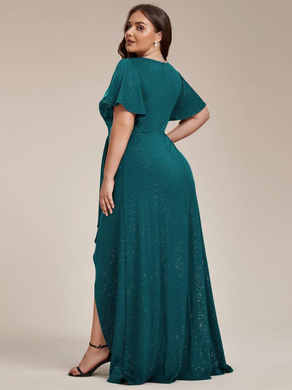 pretty MELODÉ|Plus Size Glitter Ruffled High-Low Front Slit Evening Dress