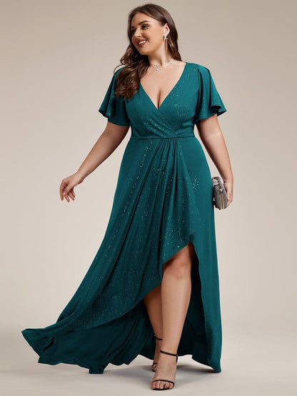 pretty MELODÉ|Plus Size Glitter Ruffled High-Low Front Slit Evening Dress