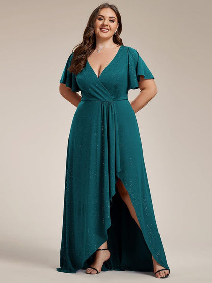 pretty MELODÉ|Plus Size Glitter Ruffled High-Low Front Slit Evening Dress