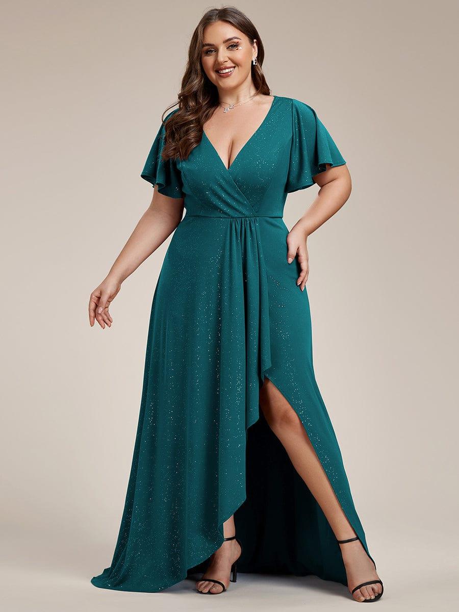 pretty MELODÉ|Plus Size Glitter Ruffled High-Low Front Slit Evening Dress