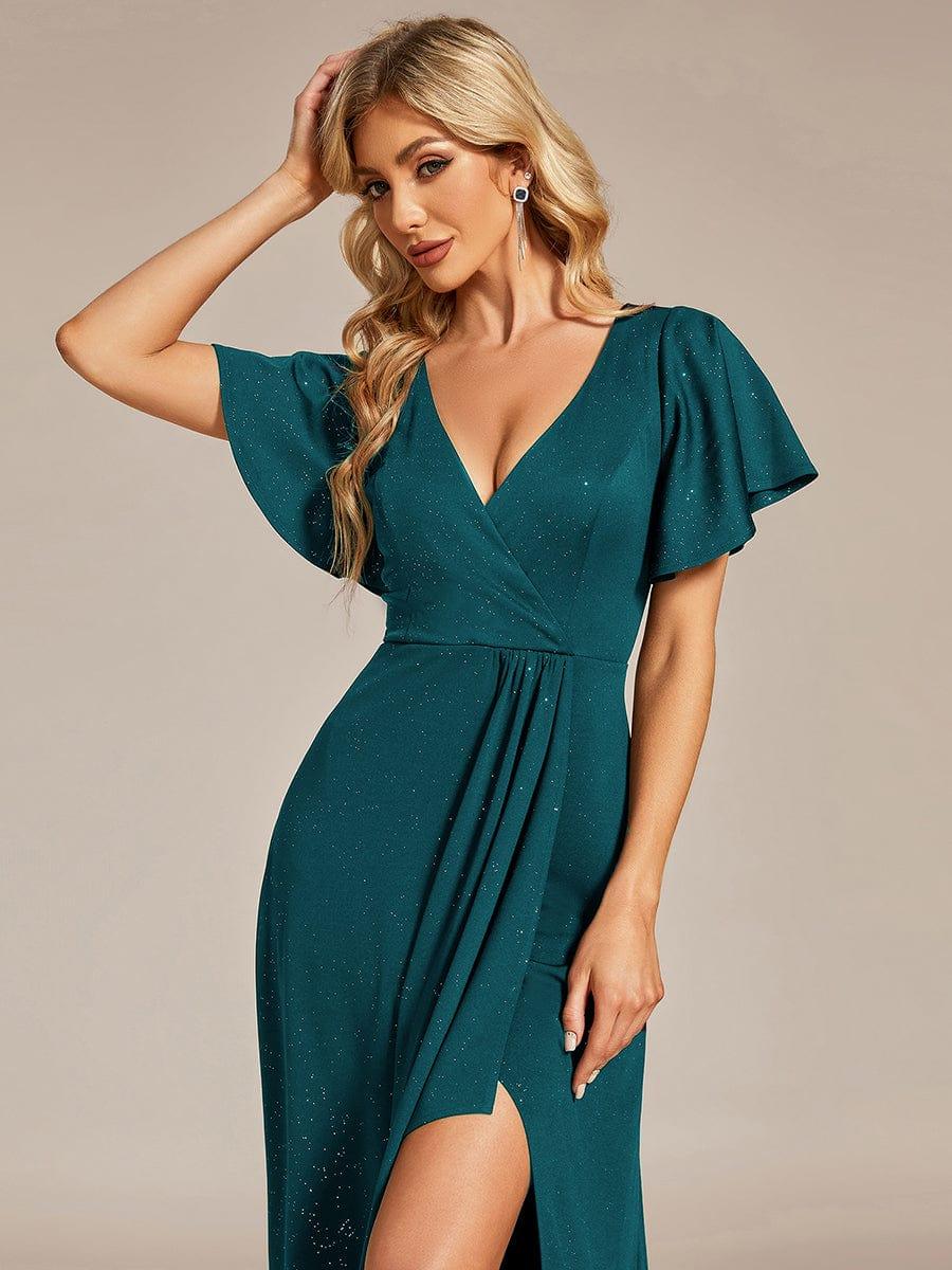 ever MELODÉ|Glitter High-Low Front Side Slit Ruffled V-Neck Evening Dress