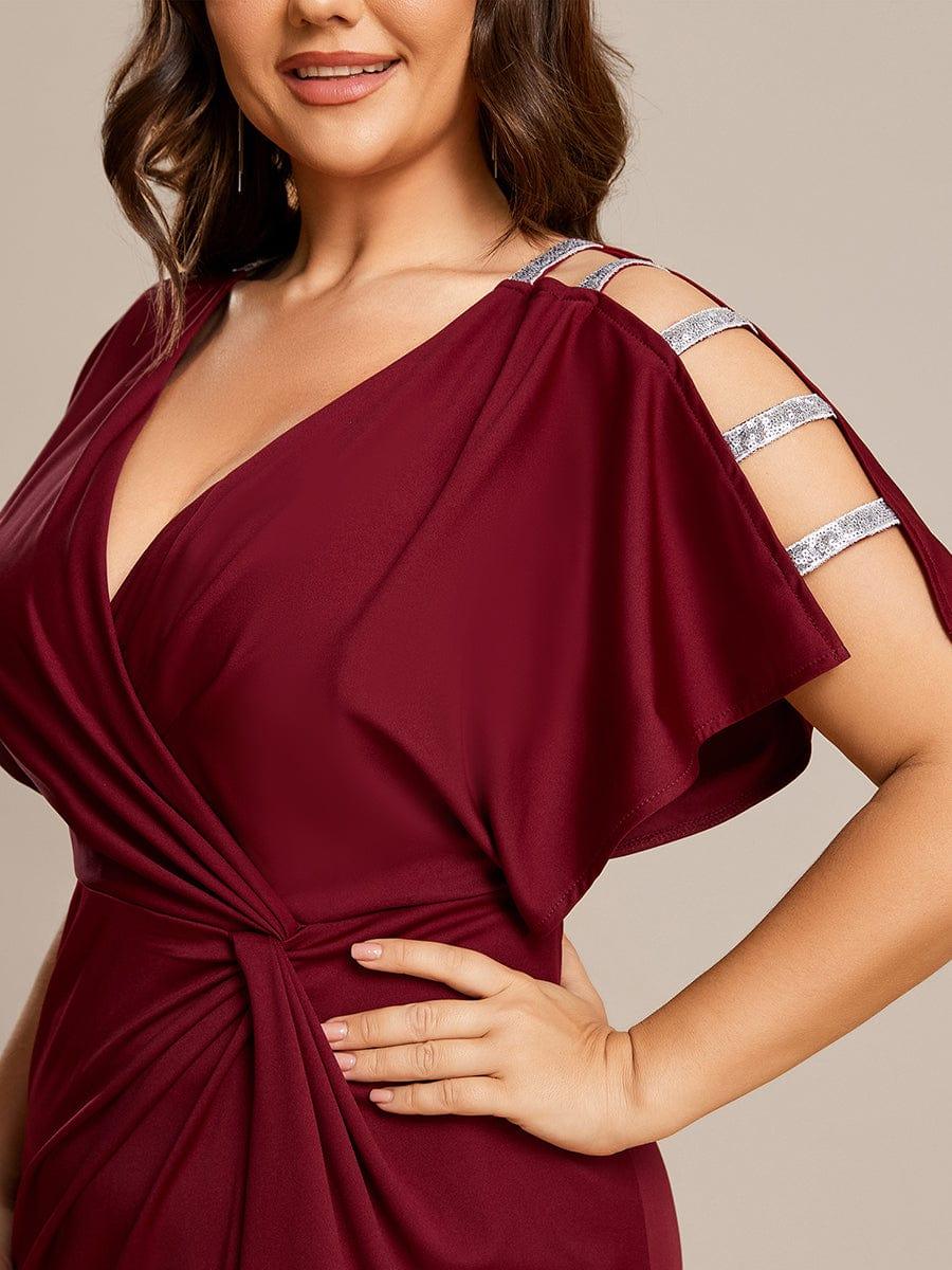 ever LYN|Pleated High Slit Hollow Out Sequin Sleeve V-Neck Formal Evening Dress