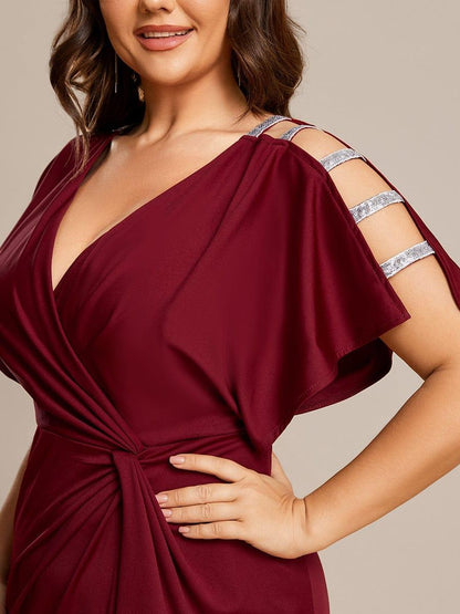 ever LYN|Pleated High Slit Hollow Out Sequin Sleeve V-Neck Formal Evening Dress