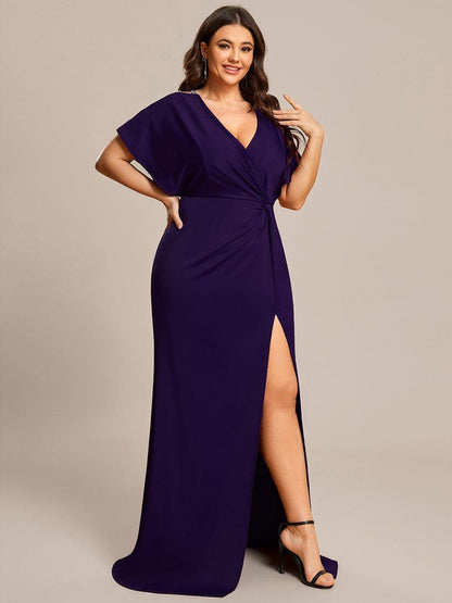 ever LYN|Pleated High Slit Hollow Out Sequin Sleeve V-Neck Formal Evening Dress