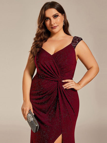ever NOIRE|Sequin Shoulder Strap Twist High Slit Prom Dress