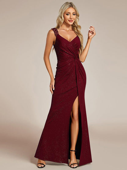 ever NOIRE|Glitter V-Neck High Slit Sequin Shoulder Strap Evening Dress