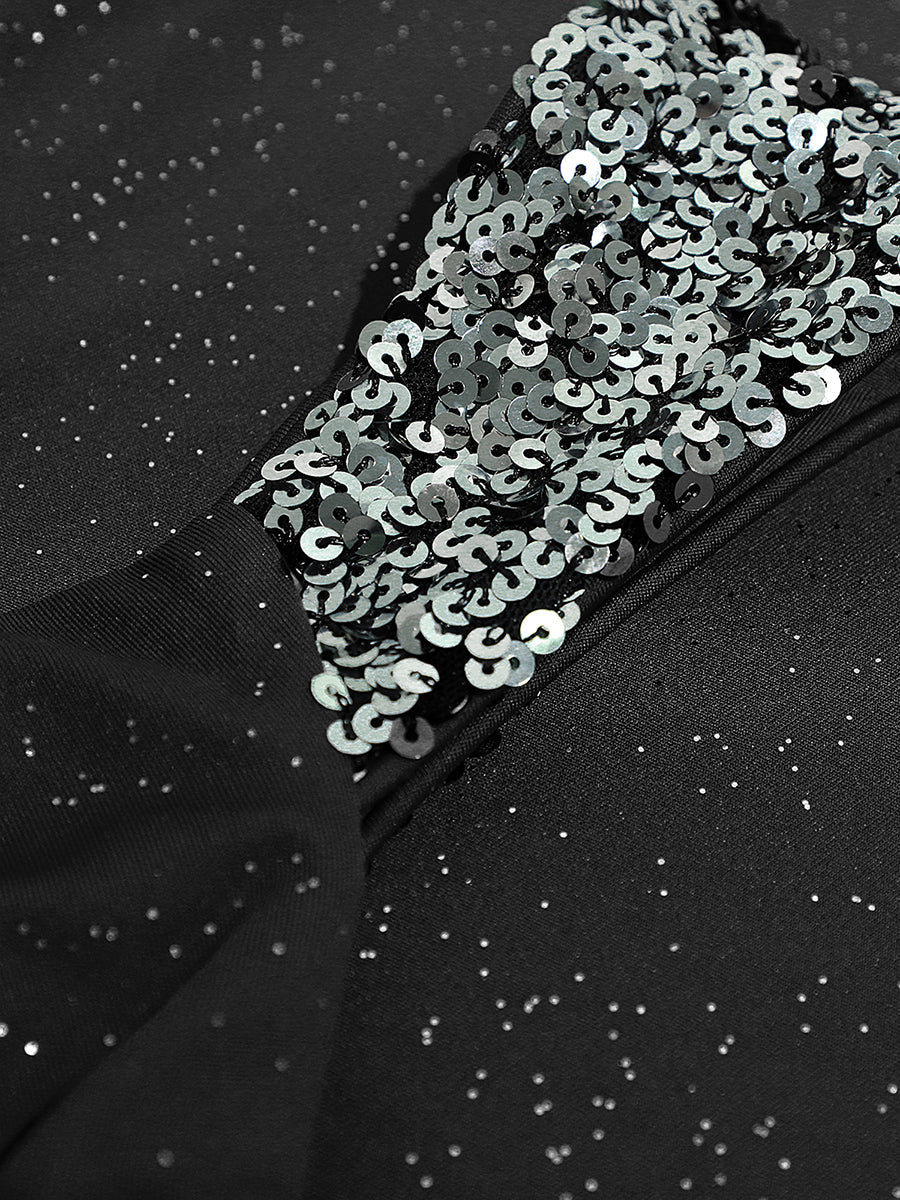 ever NOIRE|Glitter V-Neck High Slit Sequin Shoulder Strap Evening Dress