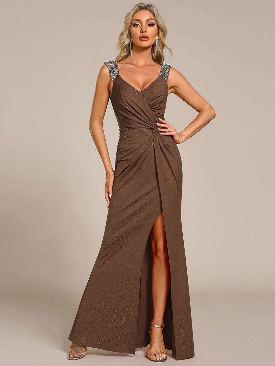 ever NOIRE|Glitter V-Neck High Slit Sequin Shoulder Strap Evening Dress