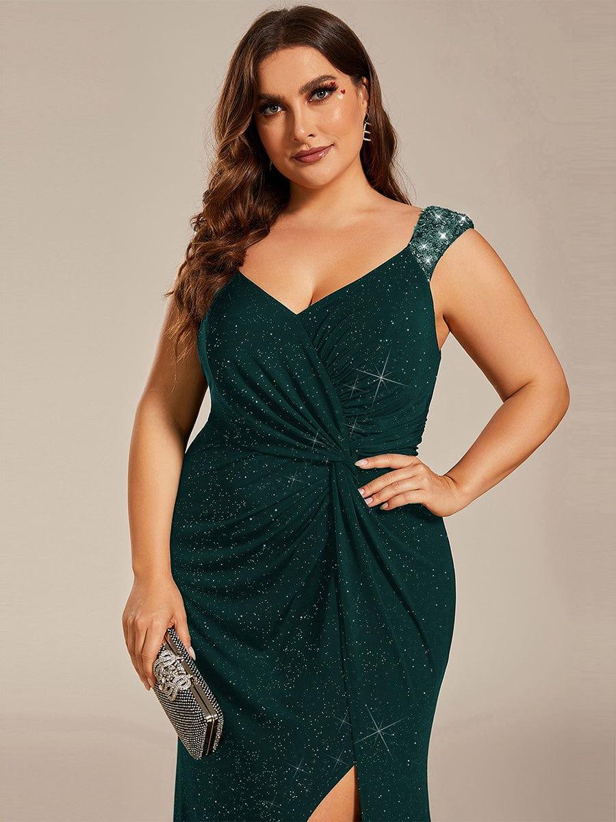 ever NOIRE|Glitter V-Neck High Slit Sequin Shoulder Strap Evening Dress
